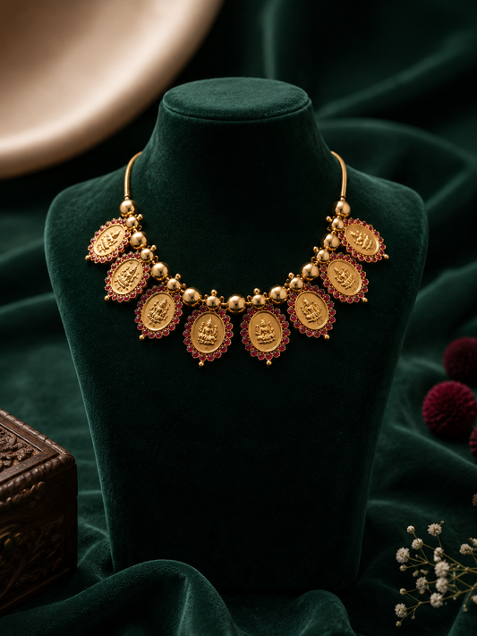 Ruby Stone Lakshmi Temple Necklace – Traditional South Indian Bridal Jewellery | Sridhya